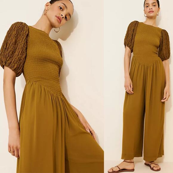 NEW Free People Temperley Jumpsuit Khaki Green Puff Sleeve Sm Goblincore Fairy - Picture 1 of 11